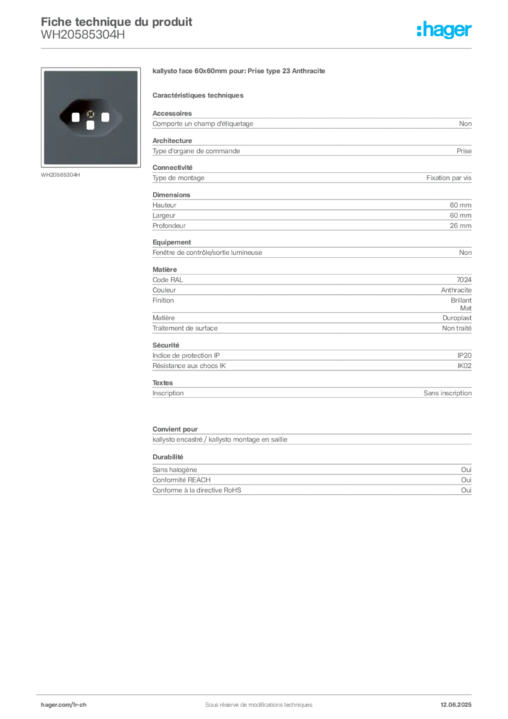 Image Hager Fiche technique du produit WH20585304H | Hager Suisse
