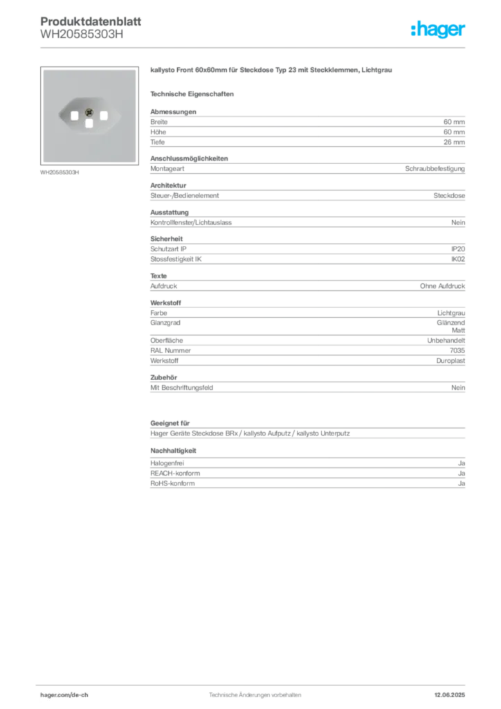 Bild Hager Produktdatenblatt WH20585303H | Hager Schweiz