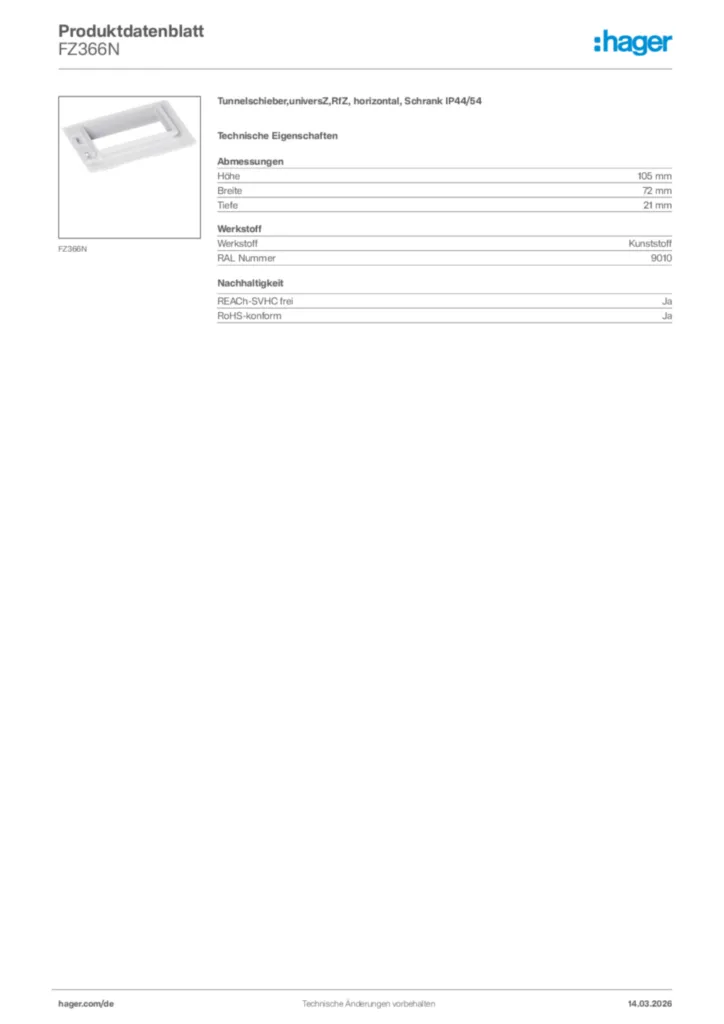 Bild Hager Produktdatenblatt FZ366N | Hager Deutschland