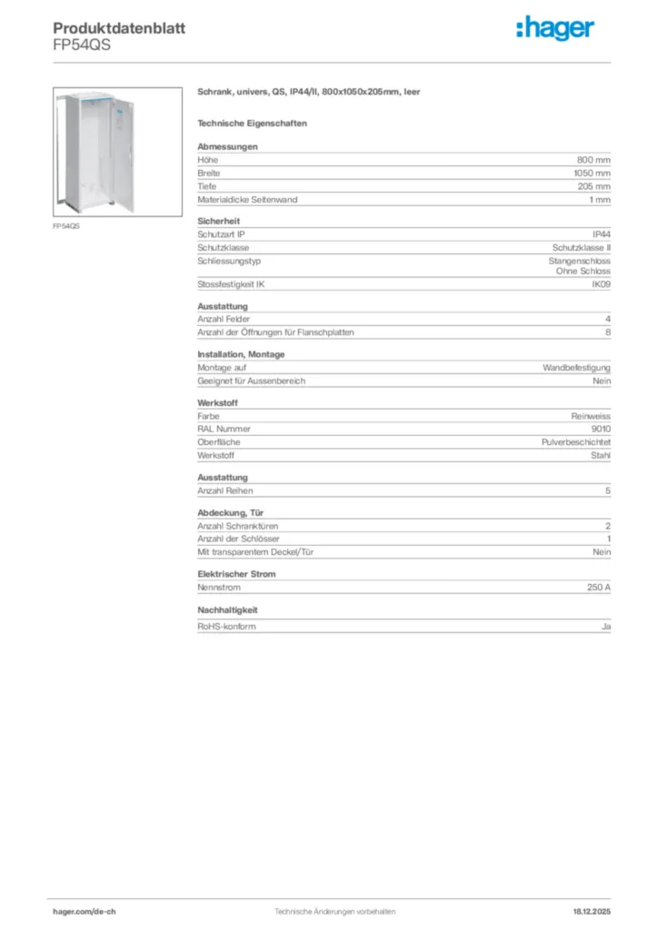 Bild Hager Produktdatenblatt FP54QS | Hager Schweiz