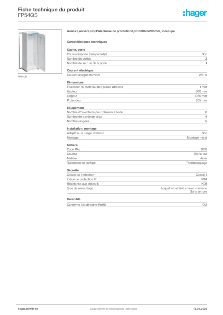 Image Hager Fiche technique du produit FP54QS | Hager Suisse