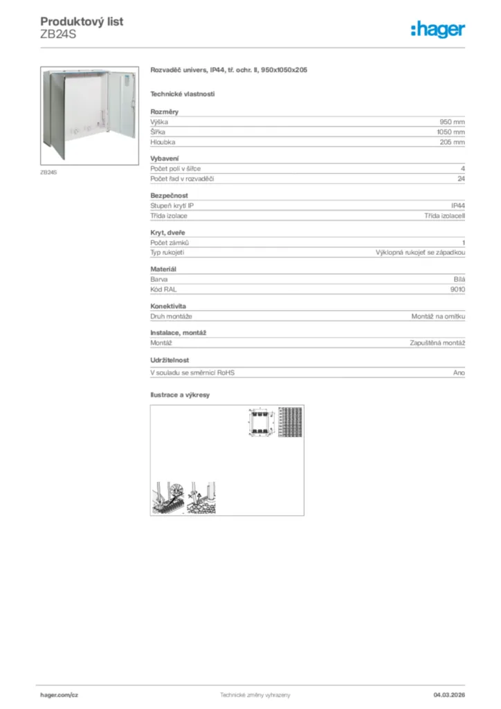 Obrázek Hager Product data sheet ZB24S | Hager