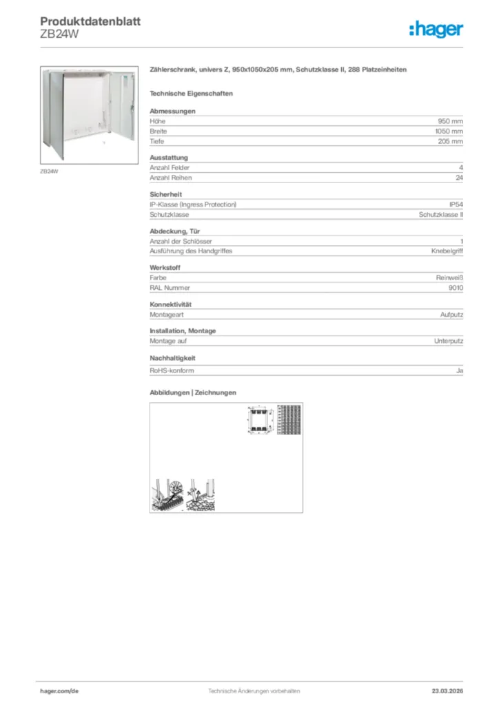 Bild Hager Produktdatenblatt ZB24W | Hager Deutschland