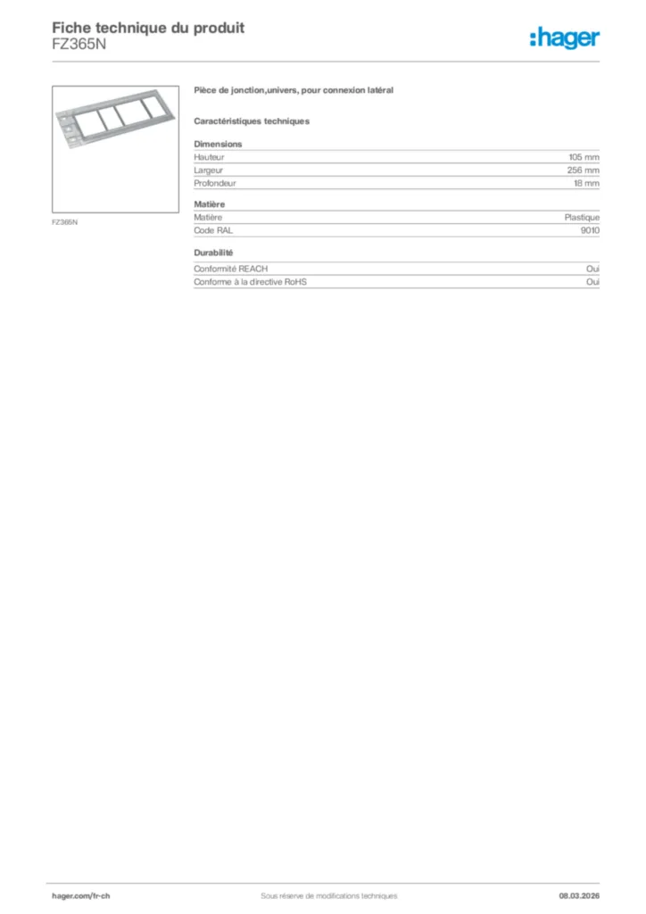 Image Hager Fiche technique du produit FZ365N | Hager Suisse