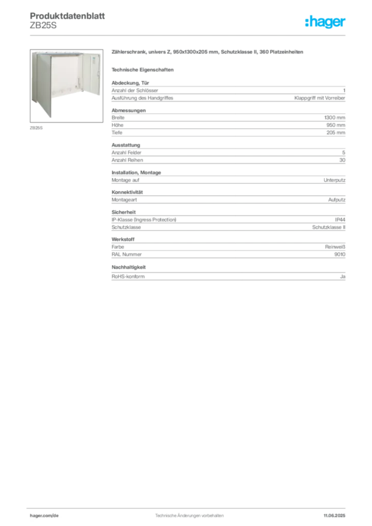 Bild Hager Produktdatenblatt ZB25S | Hager Deutschland