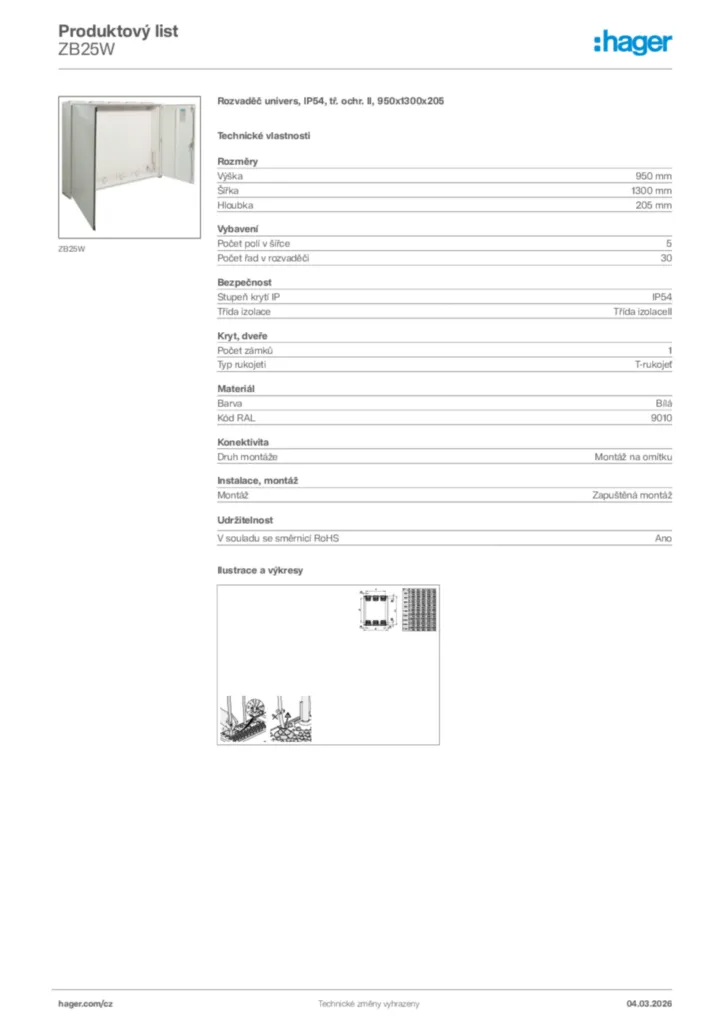 Obrázek Hager Product data sheet ZB25W | Hager