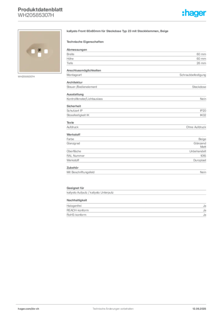 Bild Hager Produktdatenblatt WH20585307H | Hager Schweiz