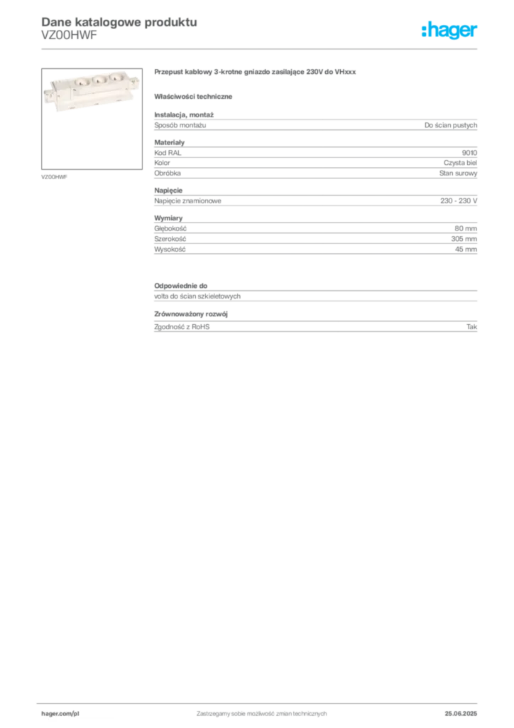 Zdjęcie Hager Karta katalogowa VZ00HWF | Hager Polska