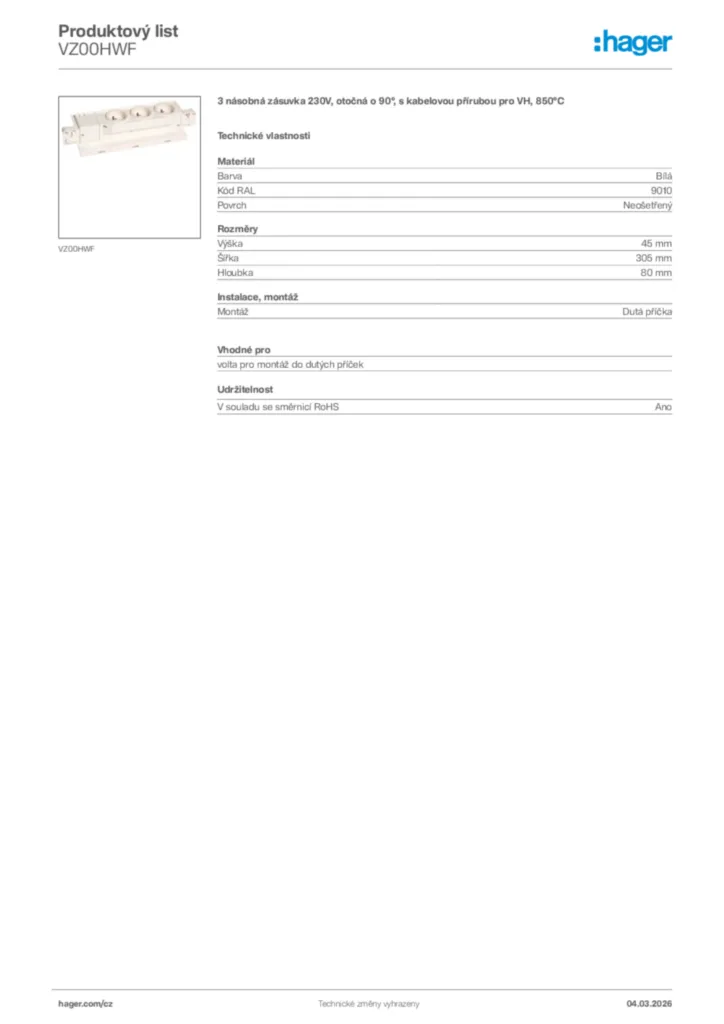 Obrázek Hager Product data sheet VZ00HWF | Hager