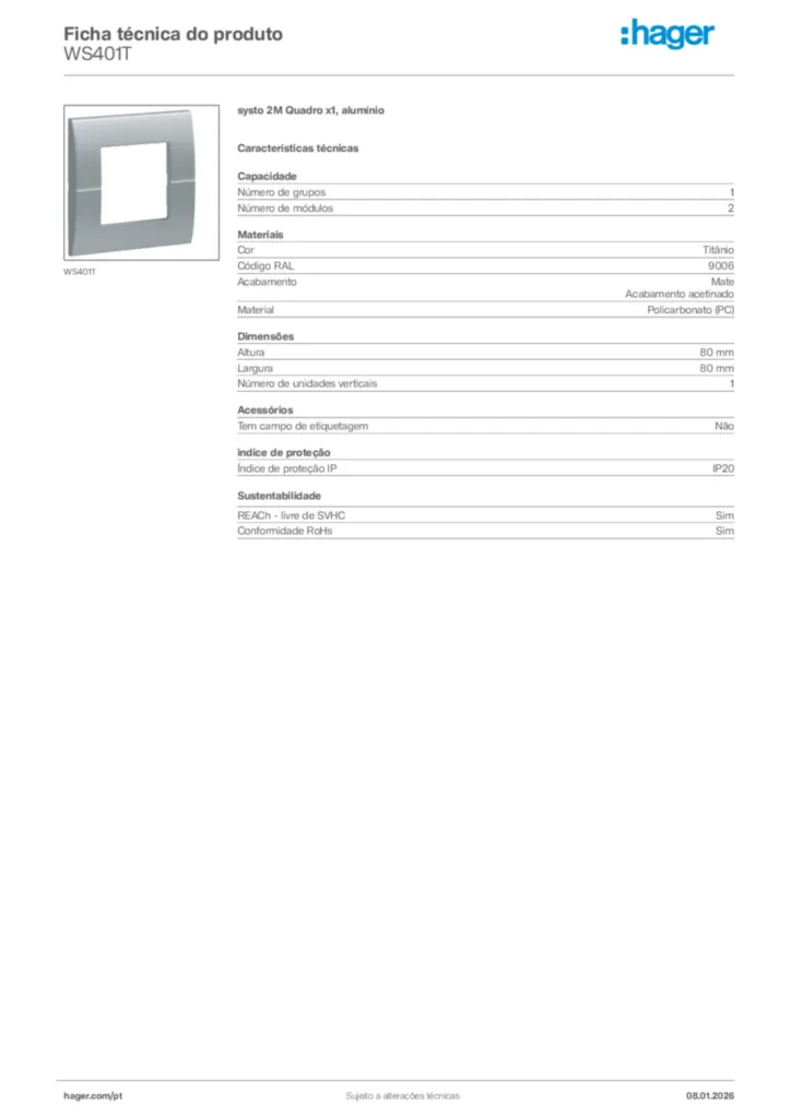 Imagem Hager Ficha técnica do produto WS401T | Hager Portugal