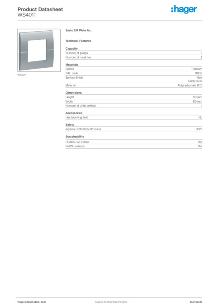 Image Hager Product data sheet WS401T  | Hager