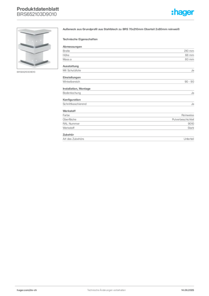 Bild Hager Produktdatenblatt BRS652103D9010 | Hager Schweiz