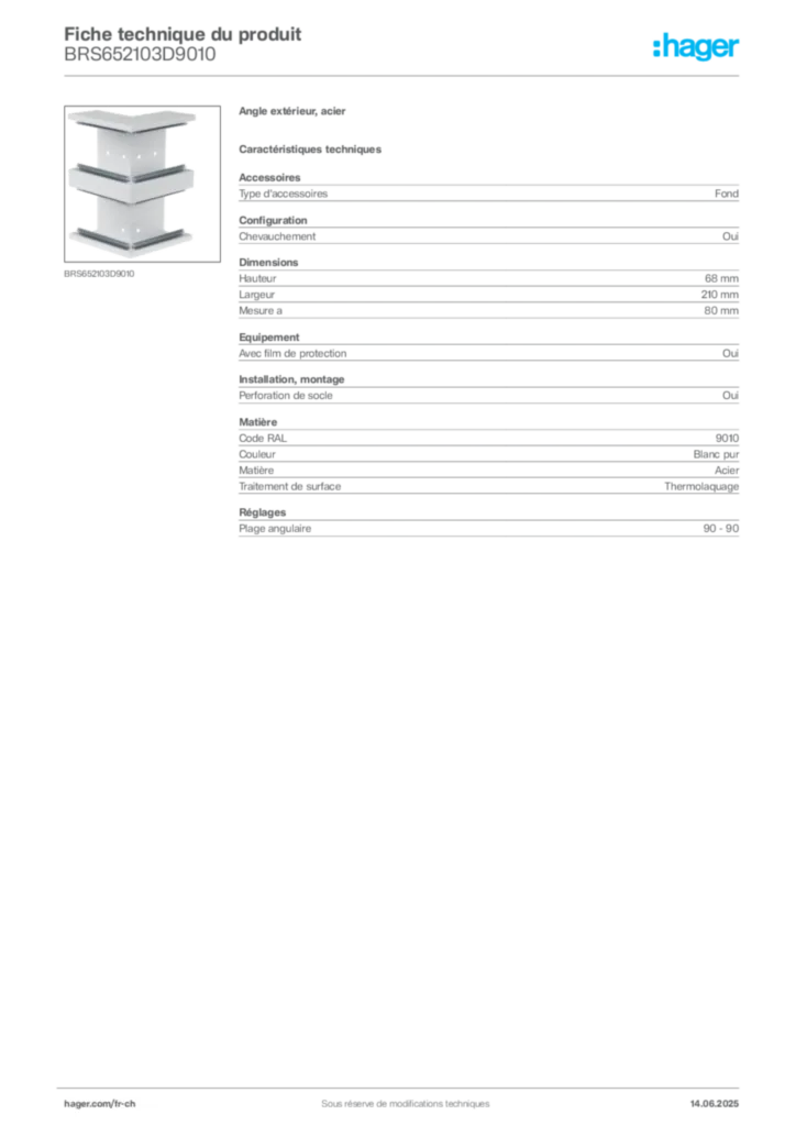 Image Hager Fiche technique du produit BRS652103D9010 | Hager Suisse