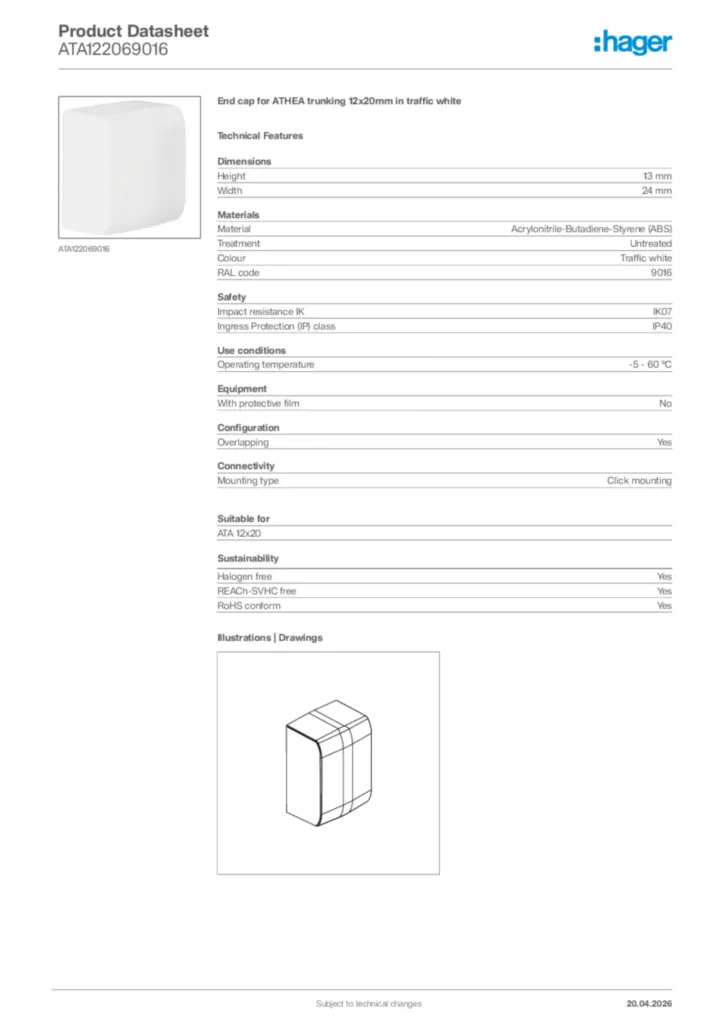 Image Hager Product data sheet ATA122069016  | Hager Africa