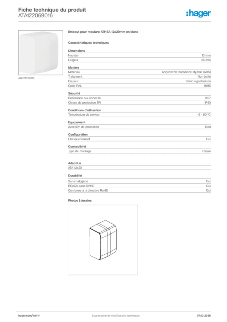 Image Hager Fiche technique du produit ATA122069016 | Hager Afrique