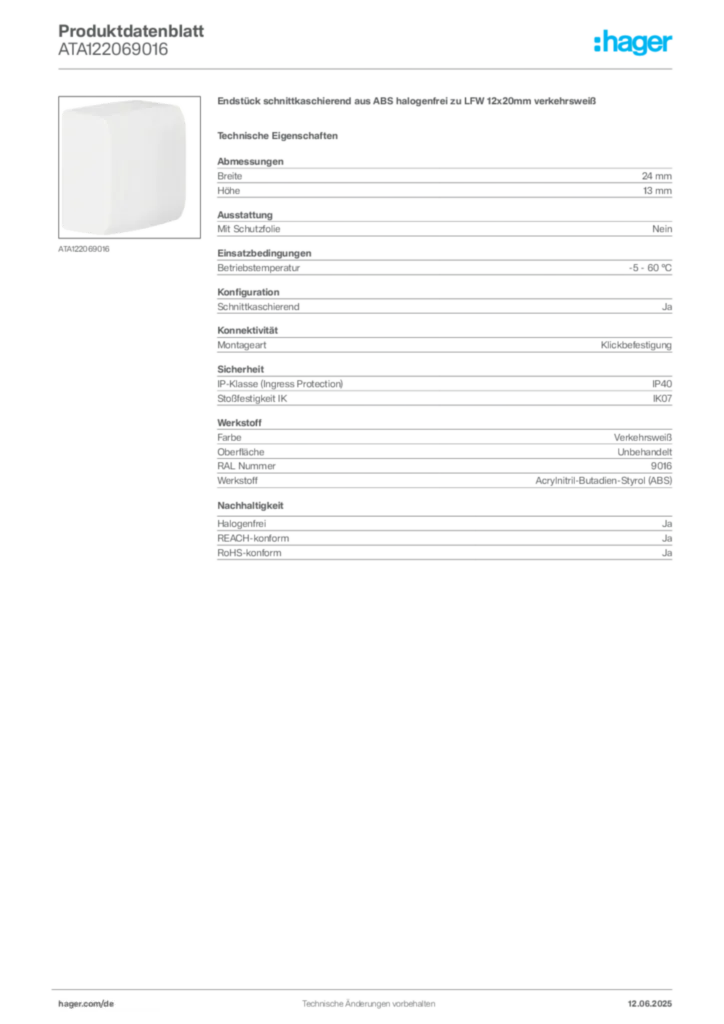 Bild Hager Produktdatenblatt ATA122069016 | Hager Deutschland