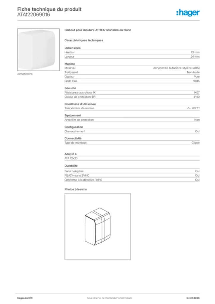 Image Hager Fiche technique du produit ATA122069016 | Hager France