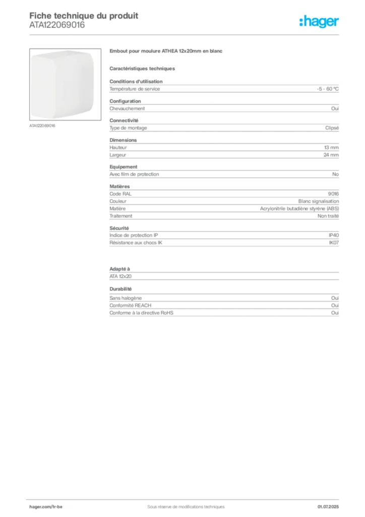 Image Hager Fiche technique du produit ATA122069016 | Hager Belgique