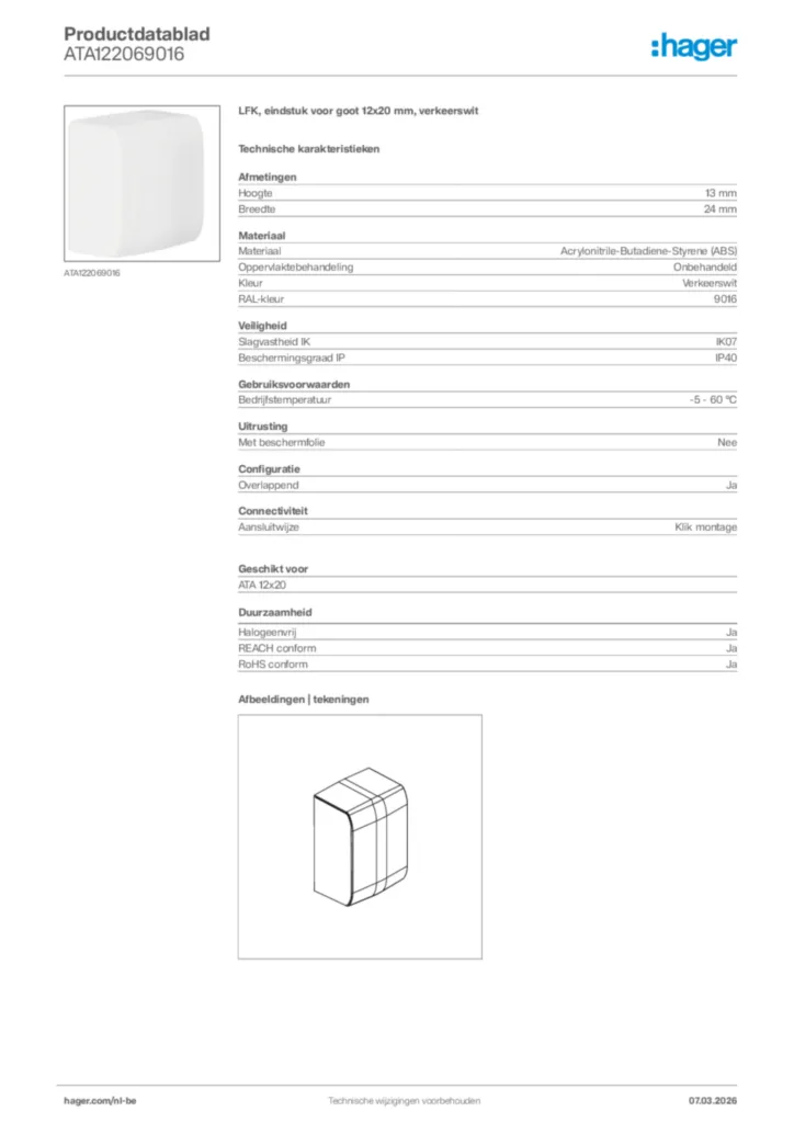 Afbeelding Hager Productdatablad ATA122069016 | Hager Belgium