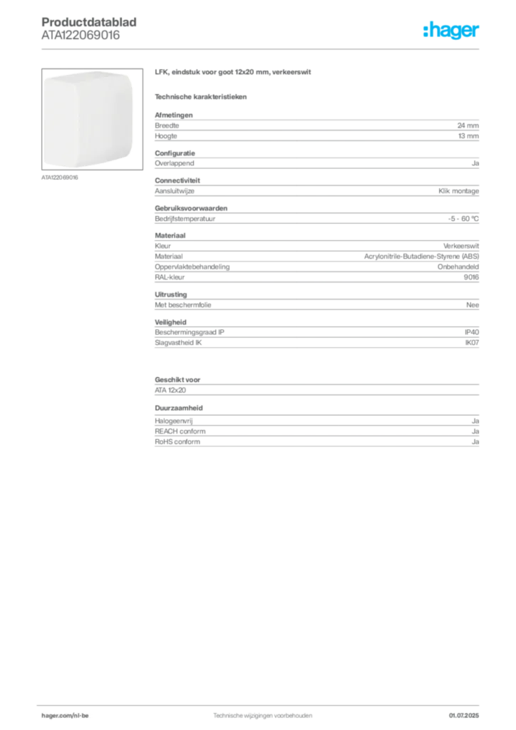 Afbeelding Hager Productdatablad ATA122069016 | Hager Belgium