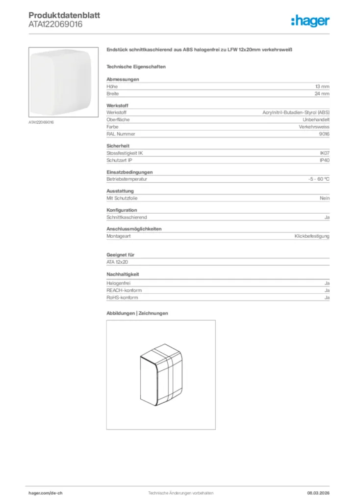 Bild Hager Produktdatenblatt ATA122069016 | Hager Schweiz