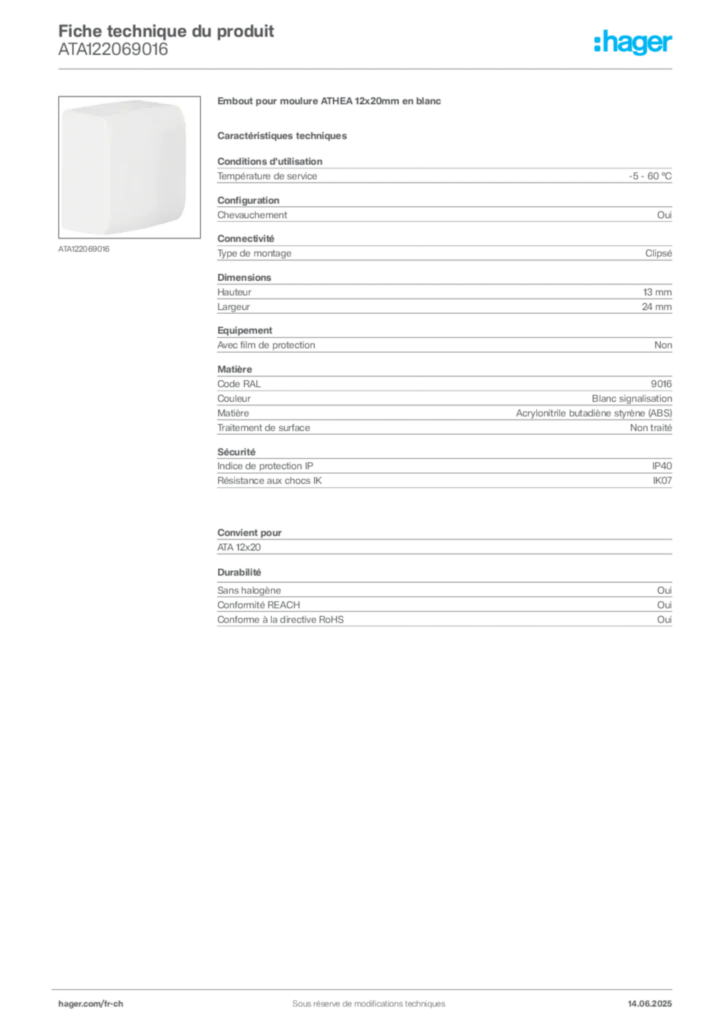 Image Hager Fiche technique du produit ATA122069016 | Hager Suisse