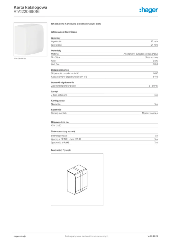 Zdjęcie Hager Karta katalogowa ATA122069016 | Hager Polska