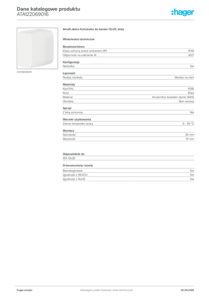 Zdjęcie Hager Karta katalogowa ATA122069016 | Hager Polska