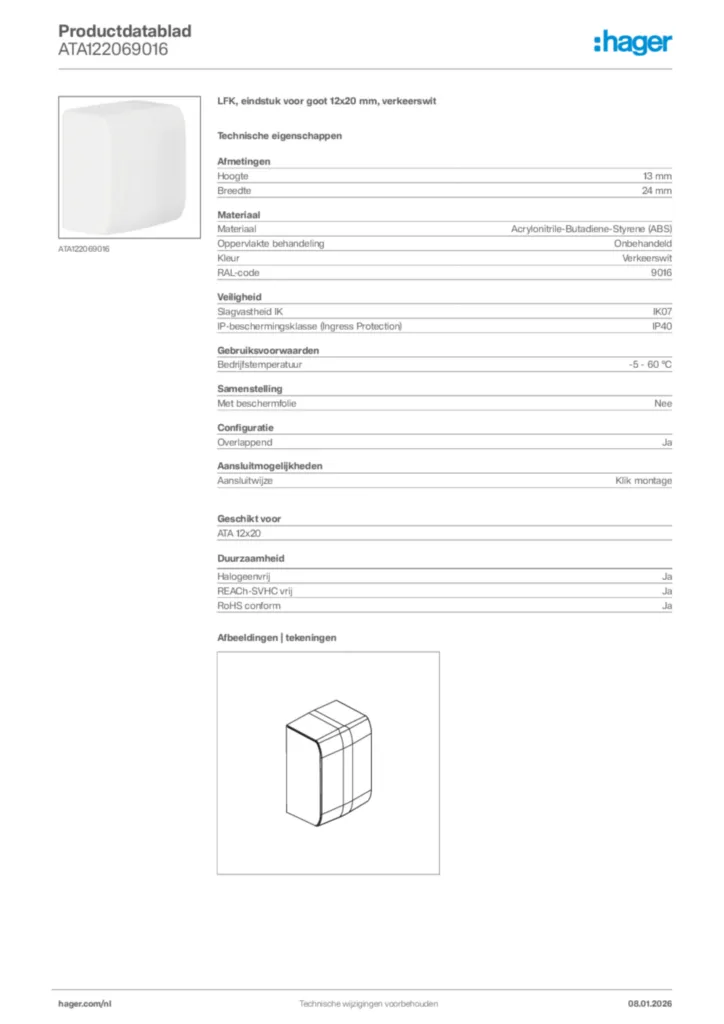 Afbeelding Hager Productdatablad ATA122069016 | Hager Nederland