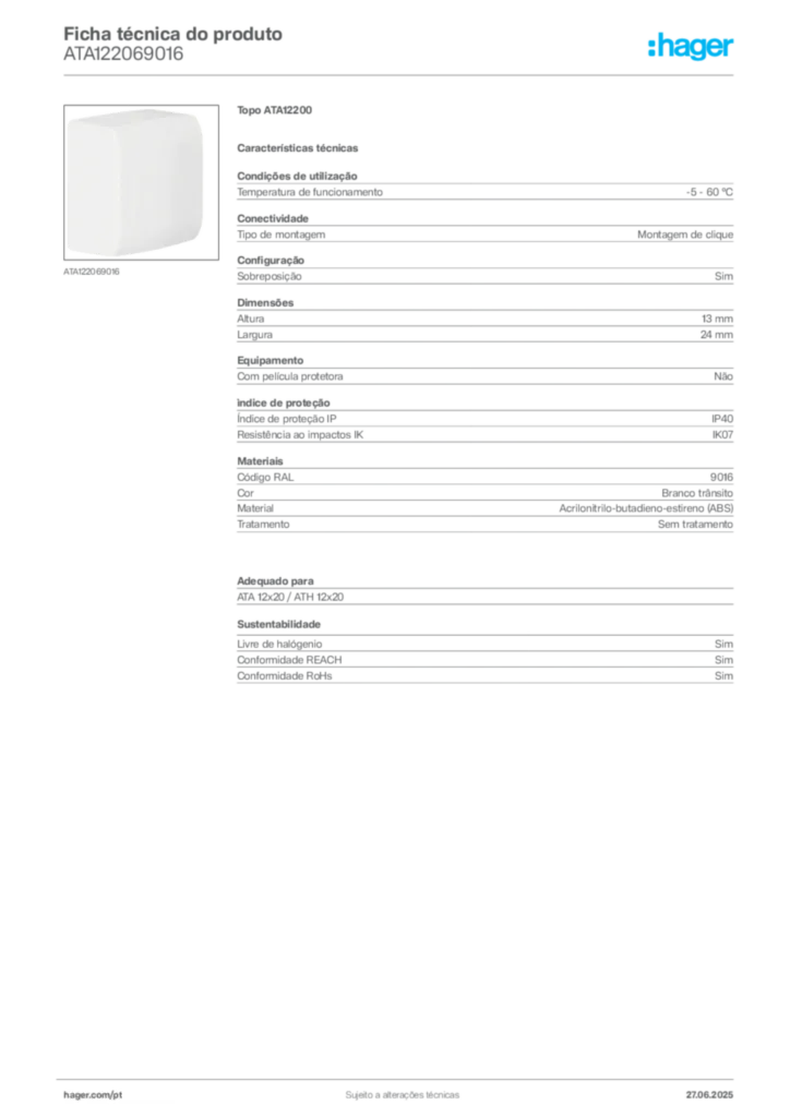 Imagem Hager Ficha técnica do produto ATA122069016 | Hager Portugal