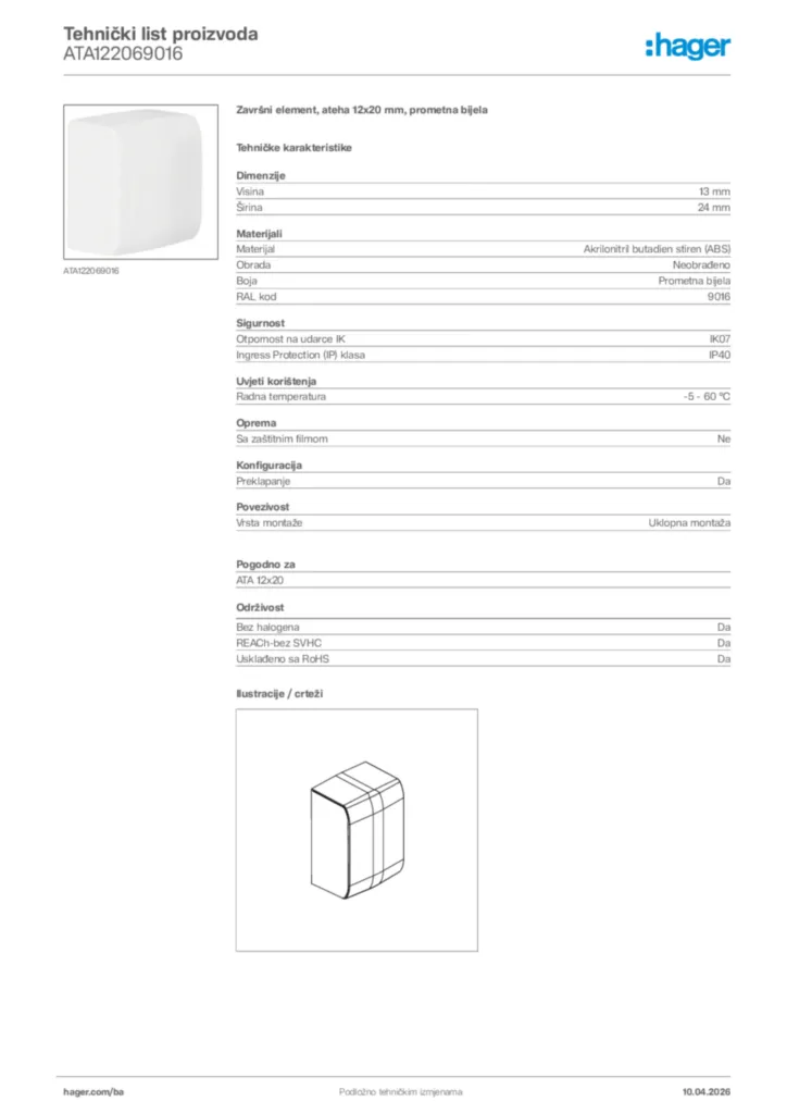Slika Hager Tehnički list proizvoda ATA122069016  | Hager