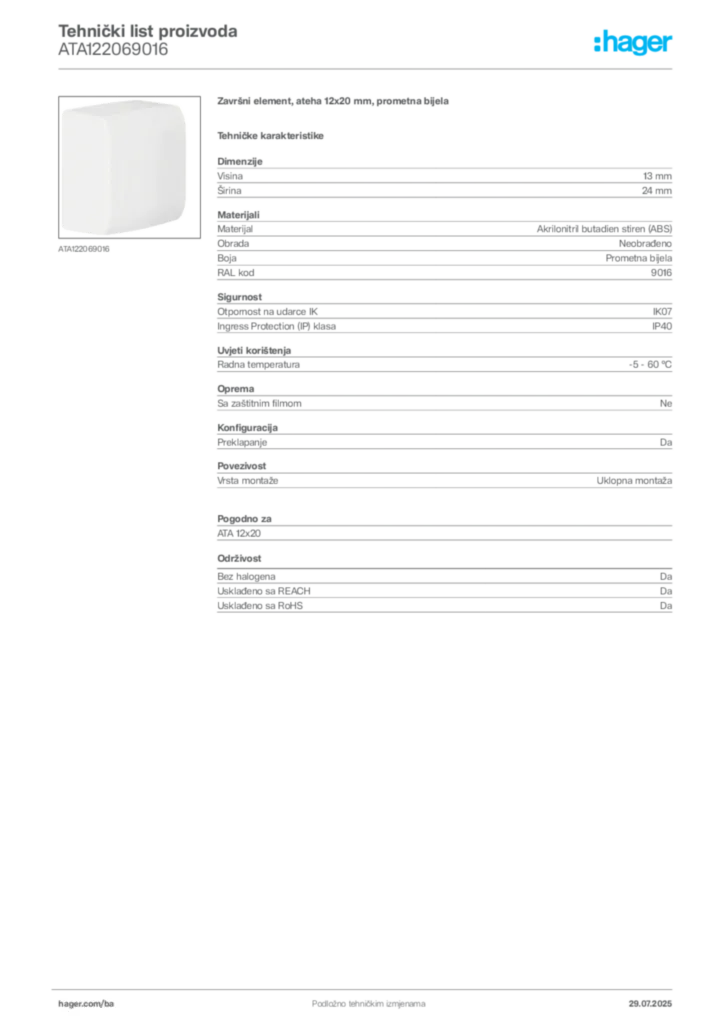 Slika Hager Product data sheet ATA122069016  | Hager