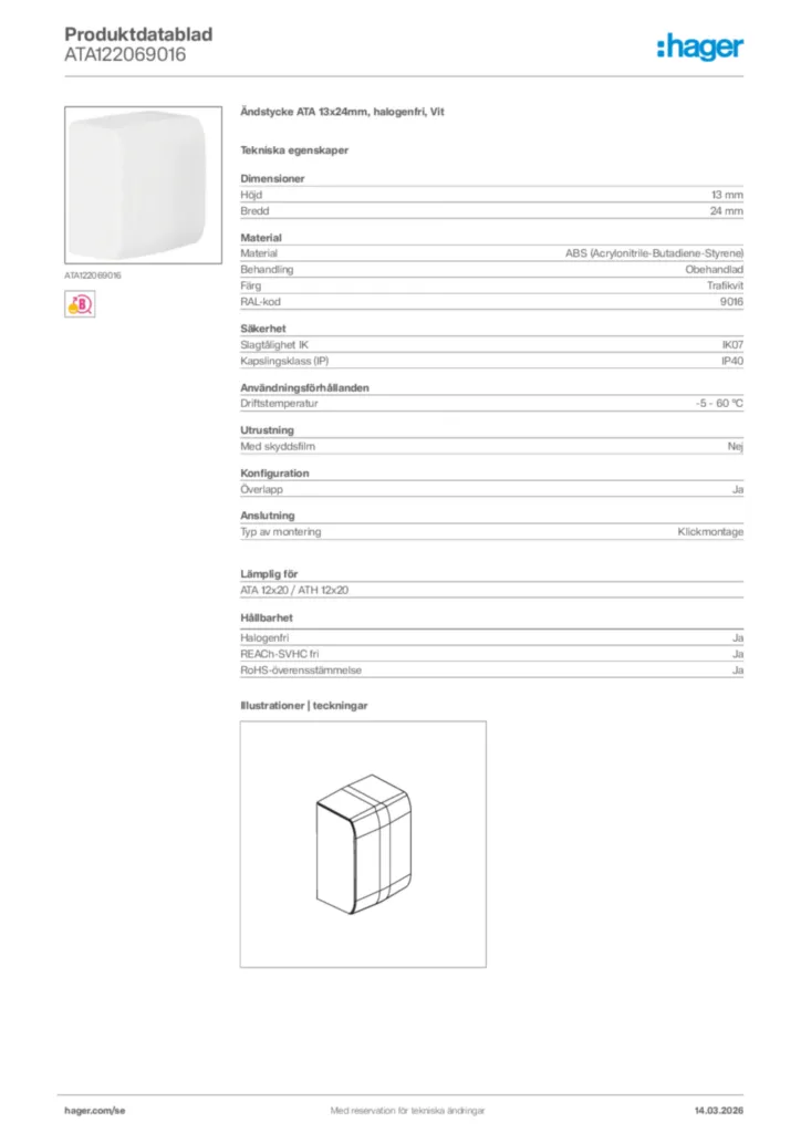Bild Hager Produktdatablad ATA122069016 | Hager Sverige