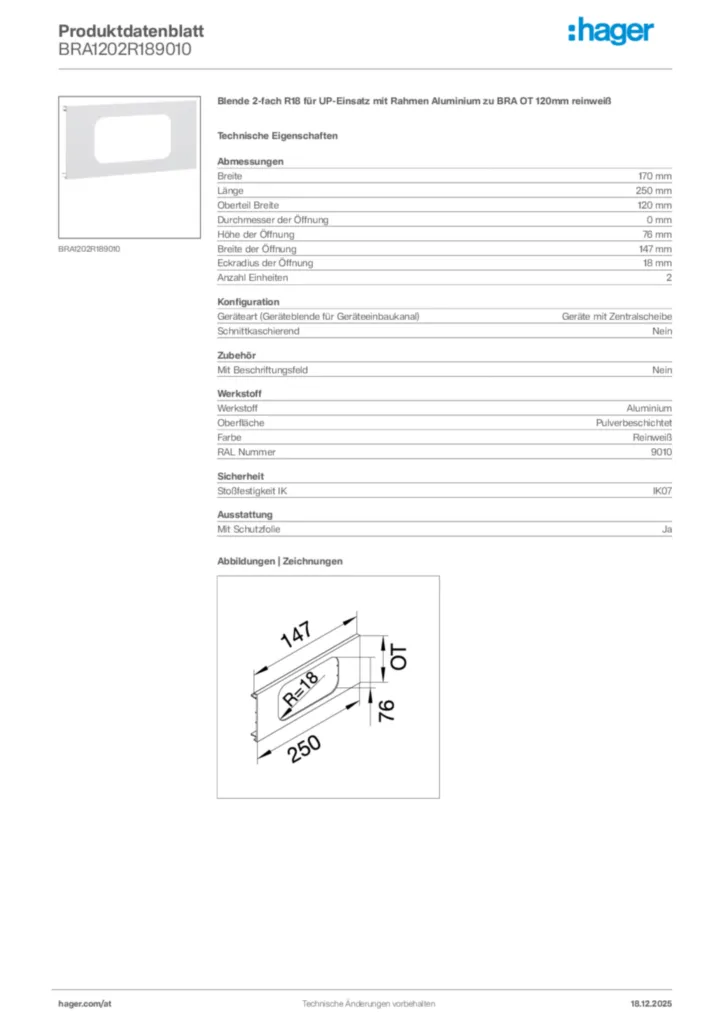 Bild Hager Produktdatenblatt BRA1202R189010 | Hager Deutschland