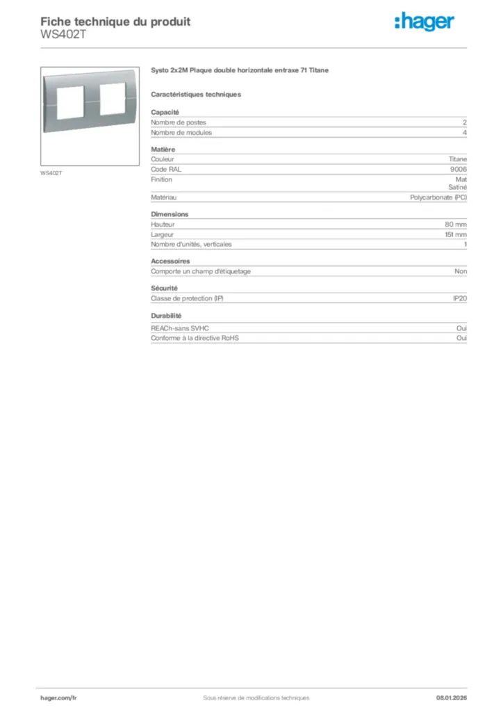 Image Hager Fiche technique du produit WS402T | Hager France