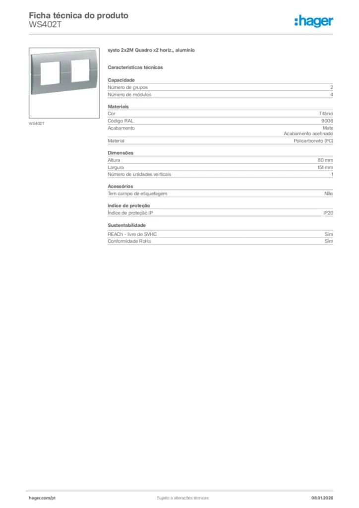 Imagem Hager Ficha técnica do produto WS402T | Hager Portugal