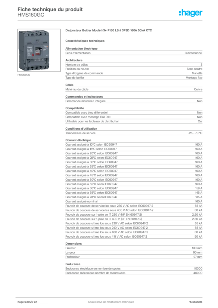 Image Hager Fiche technique du produit HMS160GC | Hager Suisse