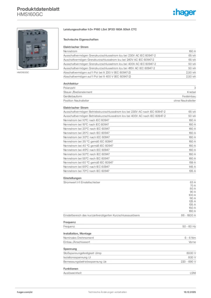 Bild Hager Produktdatenblatt HMS160GC | Hager Deutschland