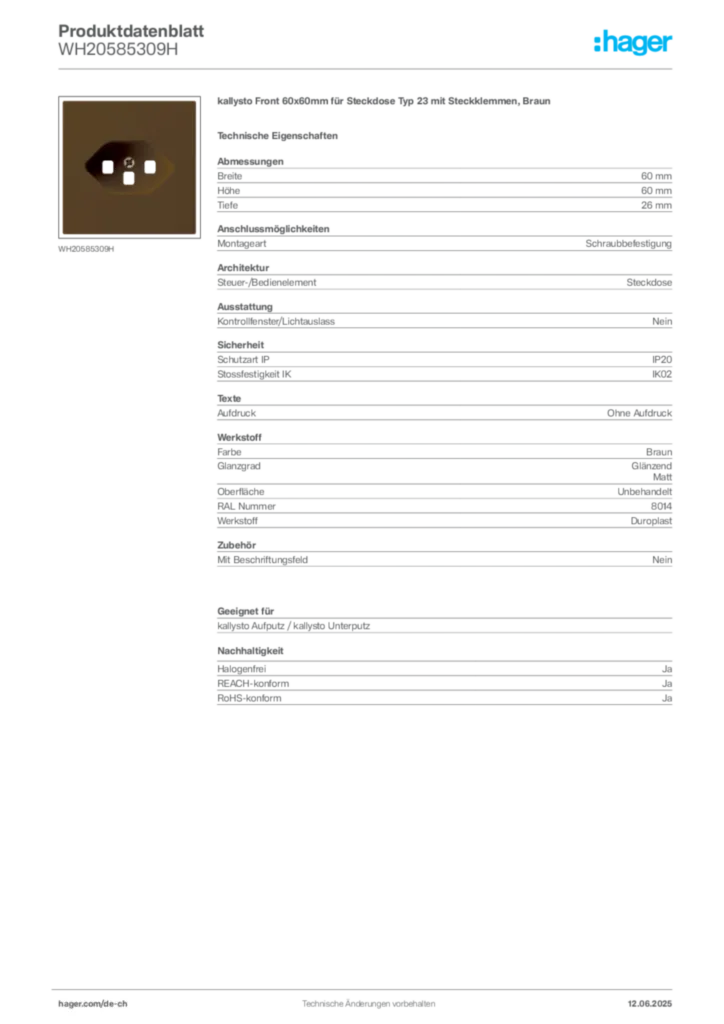 Bild Hager Produktdatenblatt WH20585309H | Hager Schweiz