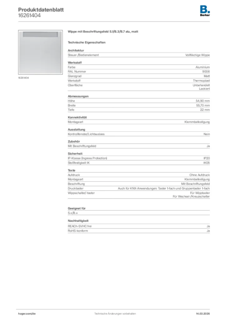 Bild Berker Produktdatenblatt 16261404 | Hager Deutschland