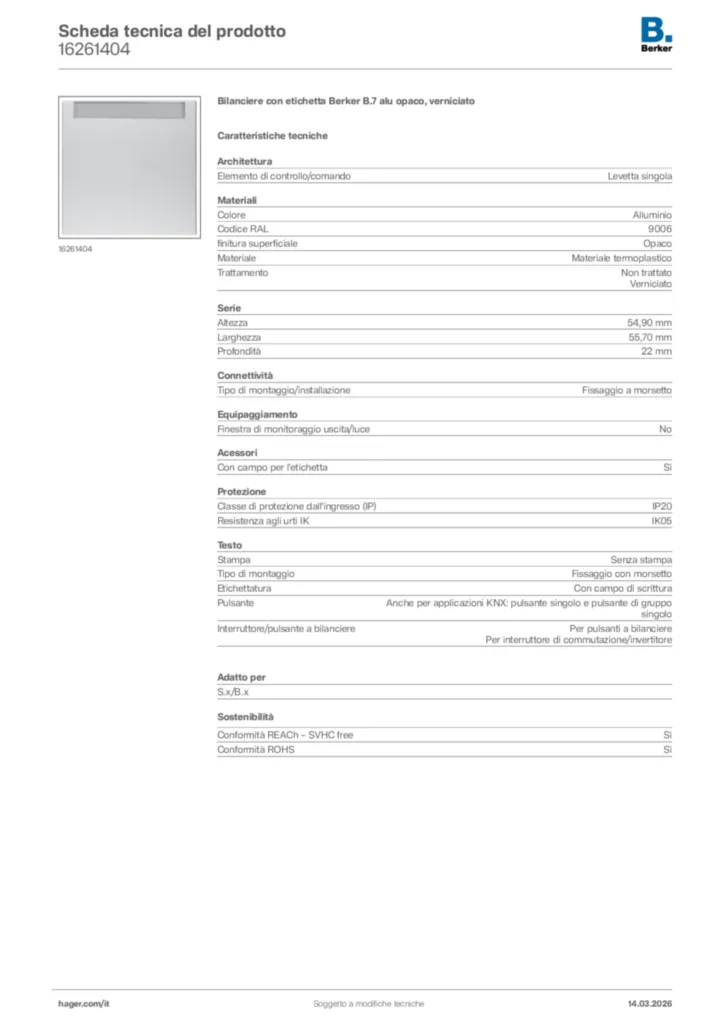 Immagine Berker Scheda tecnica del prodotto 16261404 | Hager Italia