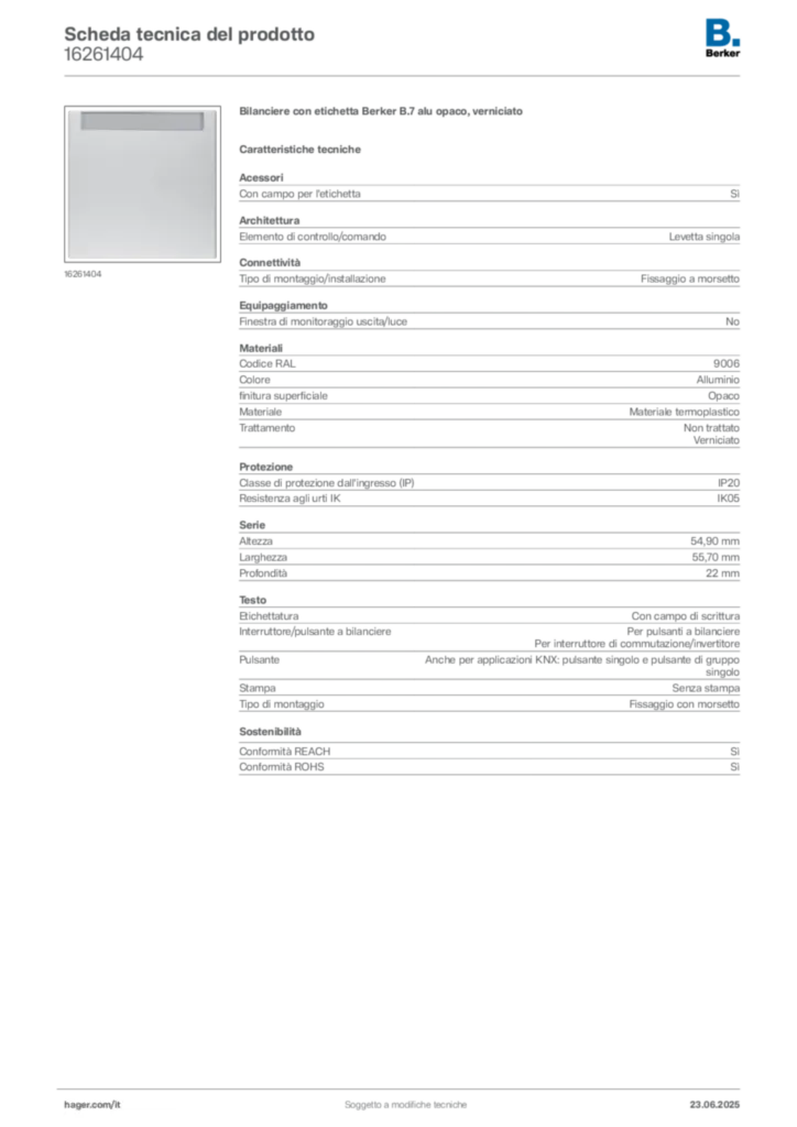 Immagine Berker Scheda tecnica del prodotto 16261404 | Hager Italia