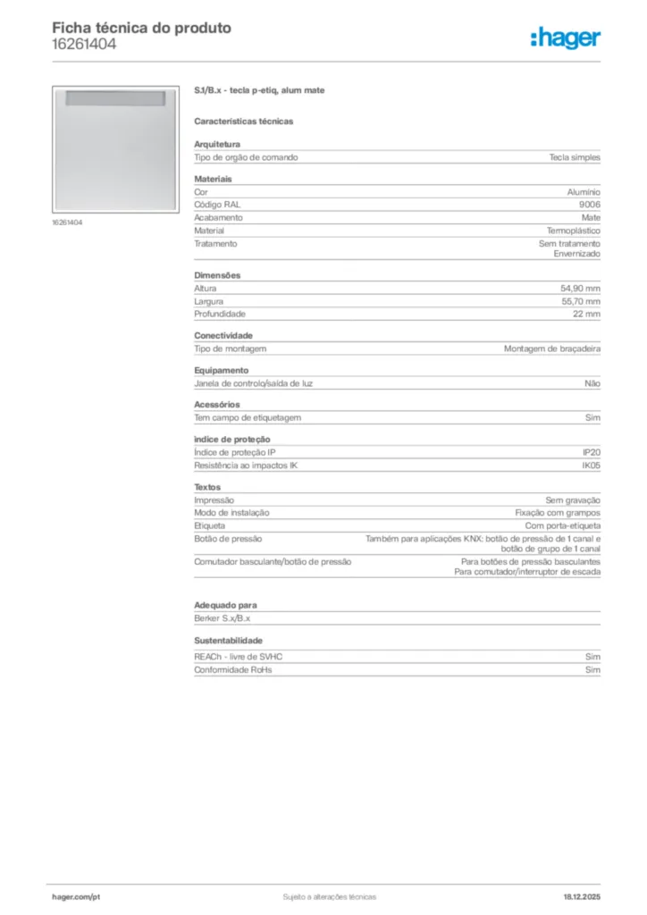 Imagem Hager Ficha técnica do produto 16261404 | Hager Portugal