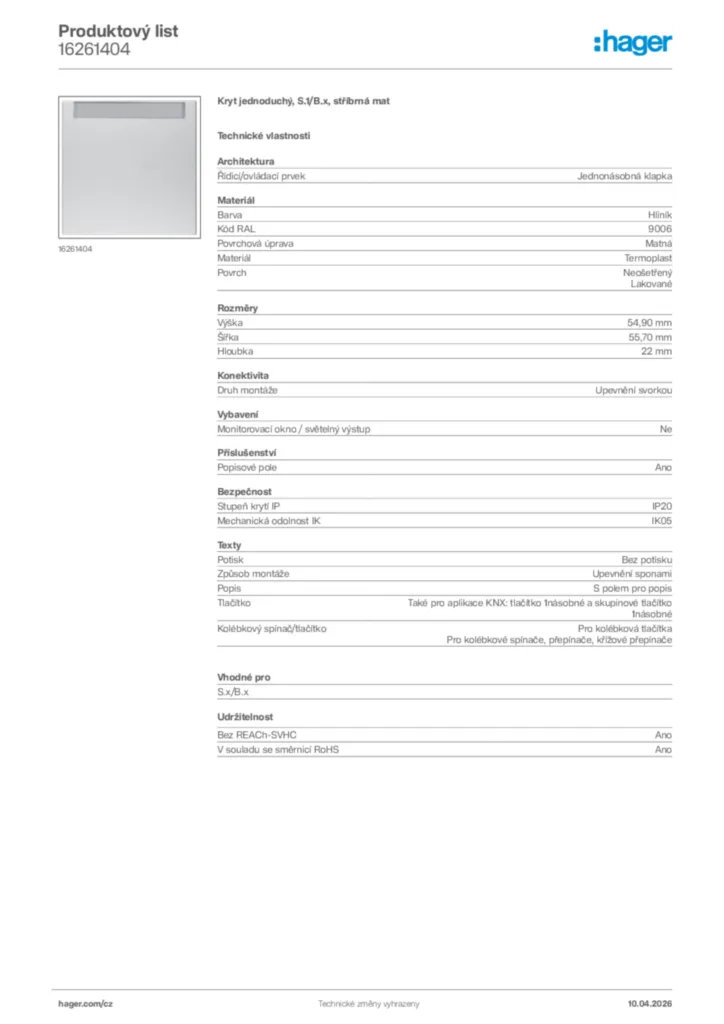 Obrázek Hager Product data sheet 16261404 | Hager
