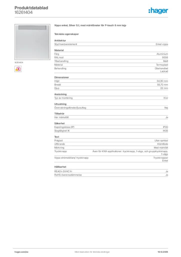 Bild Hager Produktdatablad 16261404 | Hager Sverige