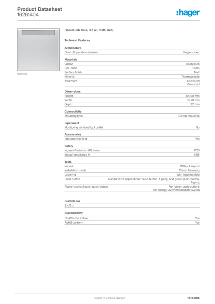 Image Hager Product data sheet 16261404  | Hager