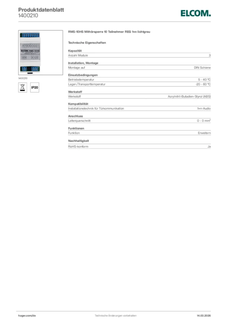 Bild Elcom Produktdatenblatt 1400210 | Hager Deutschland