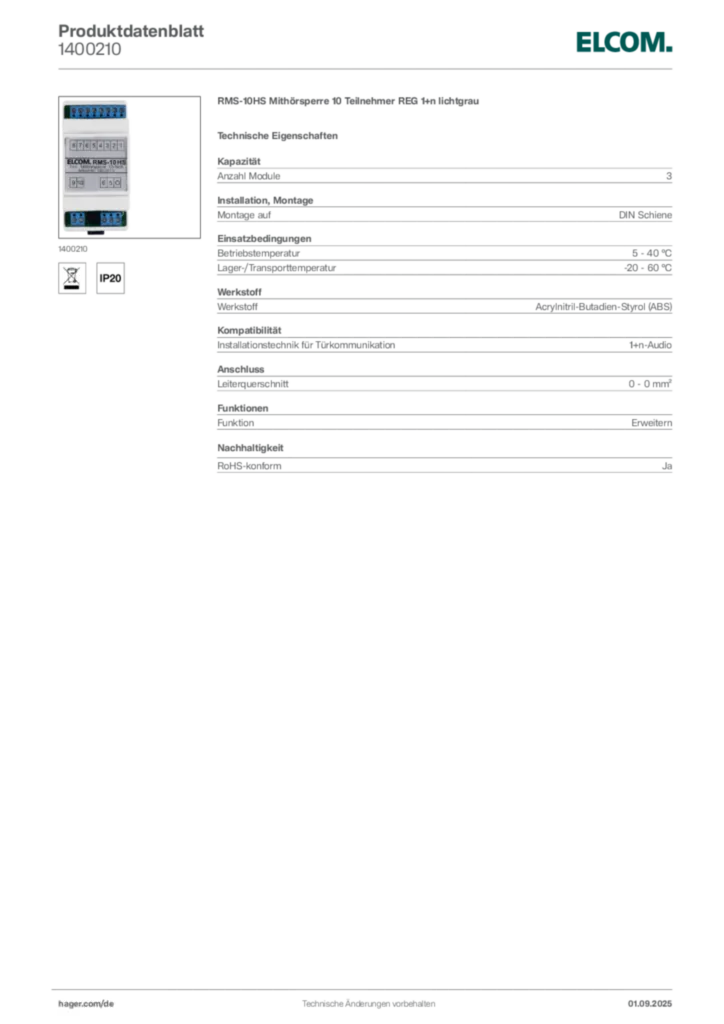Bild Elcom Produktdatenblatt 1400210 | Hager Deutschland