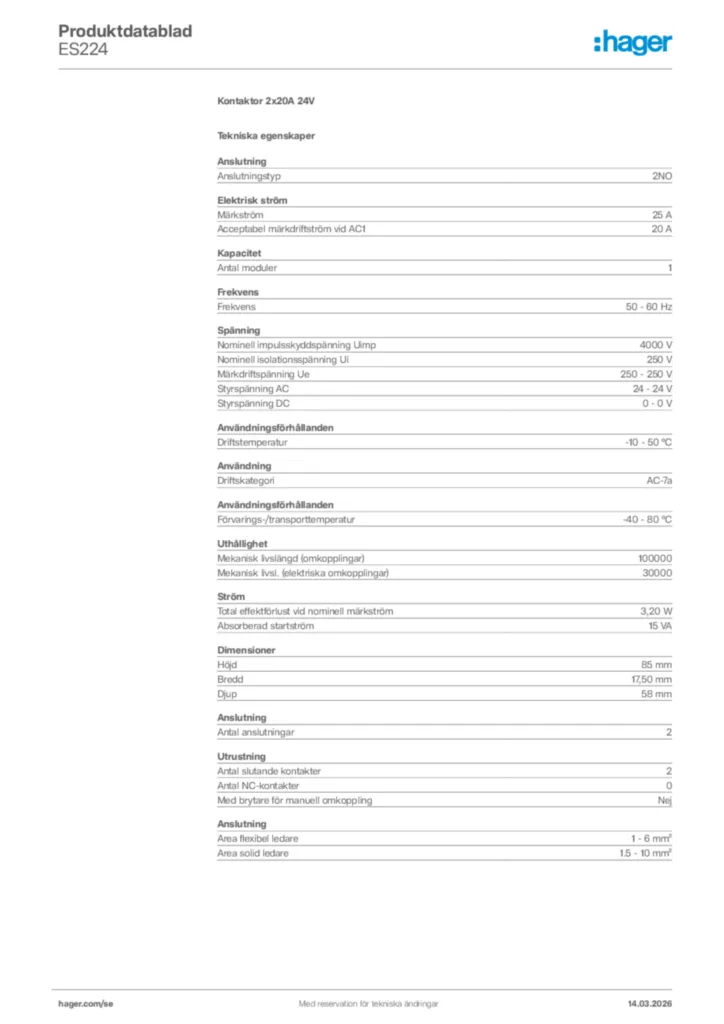 Bild Hager Produktdatablad ES224 | Hager Sverige