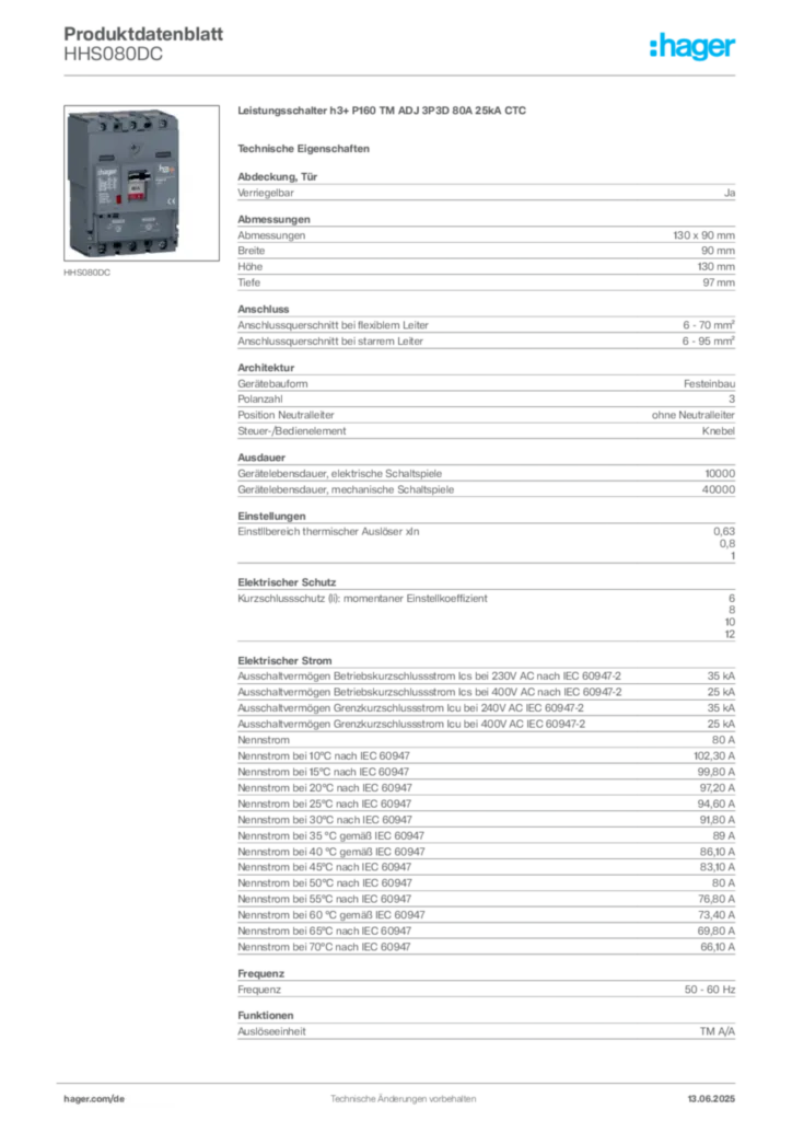 Bild Hager Produktdatenblatt HHS080DC | Hager Deutschland